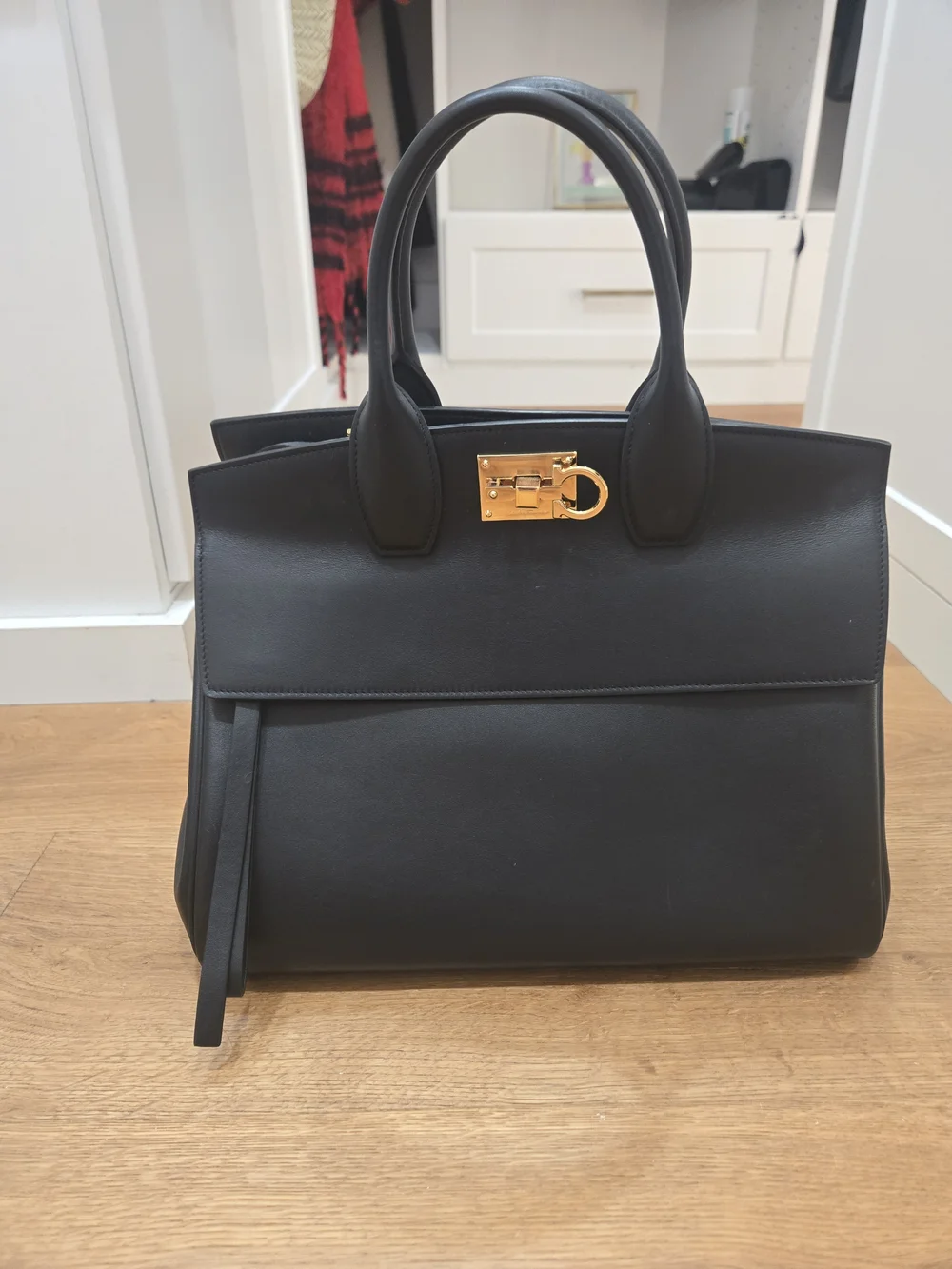 Salvatore Ferragamo Black Leather Studded Clutch with Gold Accents Dust Bag Incl